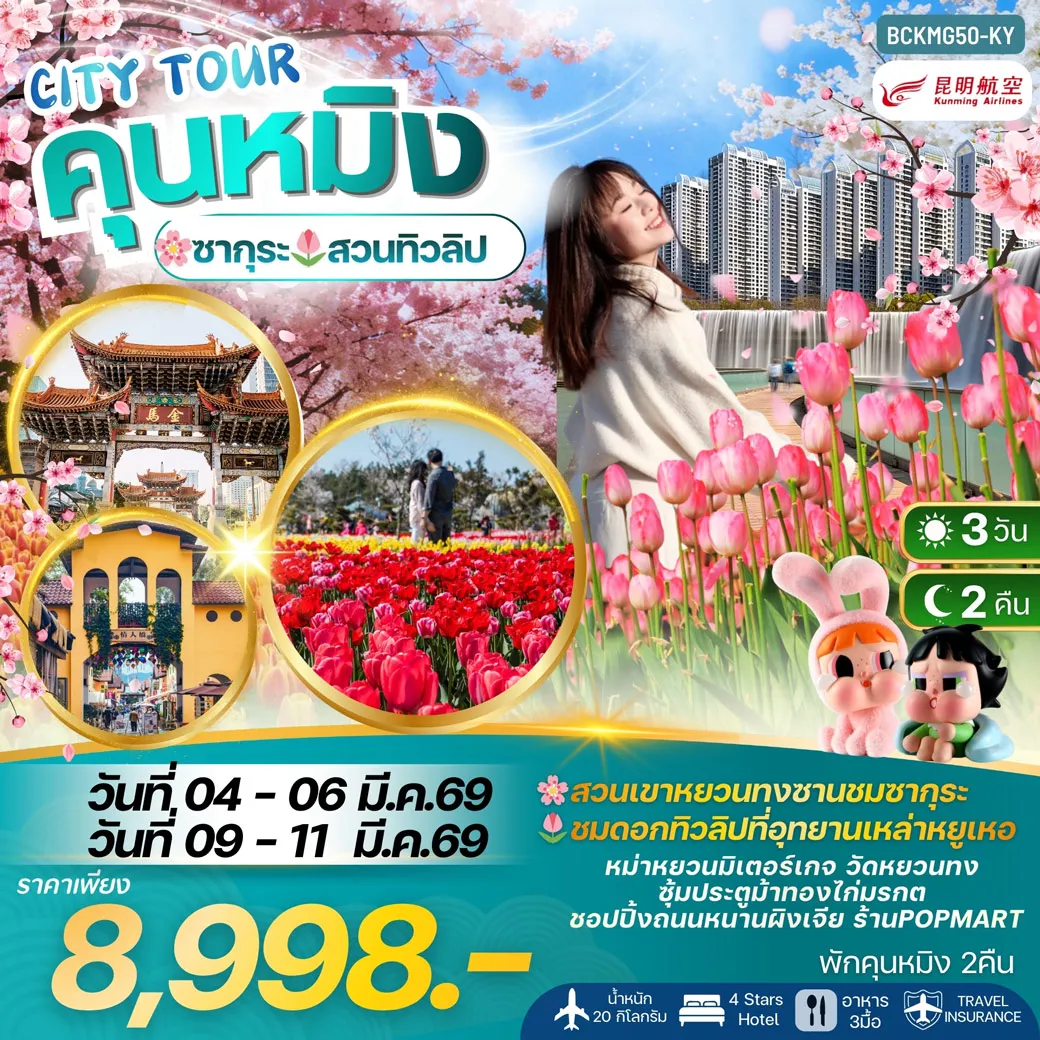 ทัวร์จีน CITY TOUR KUNMING คุนหมิง ชมซากุระ+ทิวลิป พักคุนหมิง 2 คืน 3วัน 2คืน (KY)