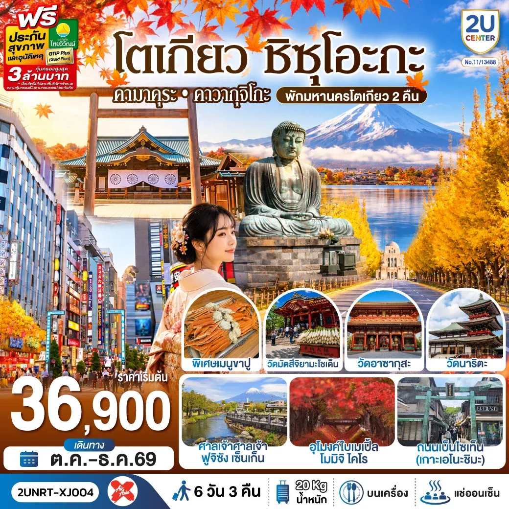 ทัวร์ญี่ปุ่น โตเกียว ชิซุโอะกะ คามาคุระ คาวากุจิโกะ พักมหานครโตเกียว 2 คืน 6 วัน 3 คืน สายการบิน ไทยแอร์เอเชีย เอ็กซ์ 6วัน 3คืน (XJ)